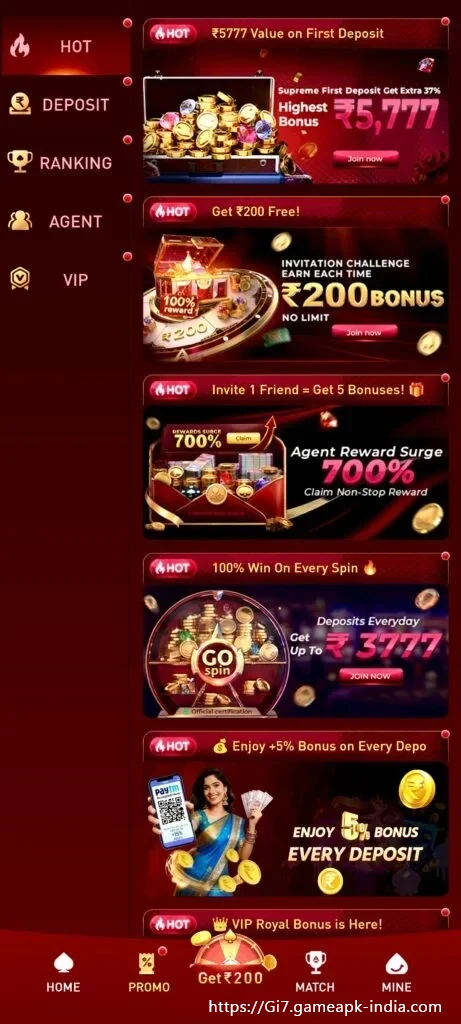 GI7 rewards and featured games screen